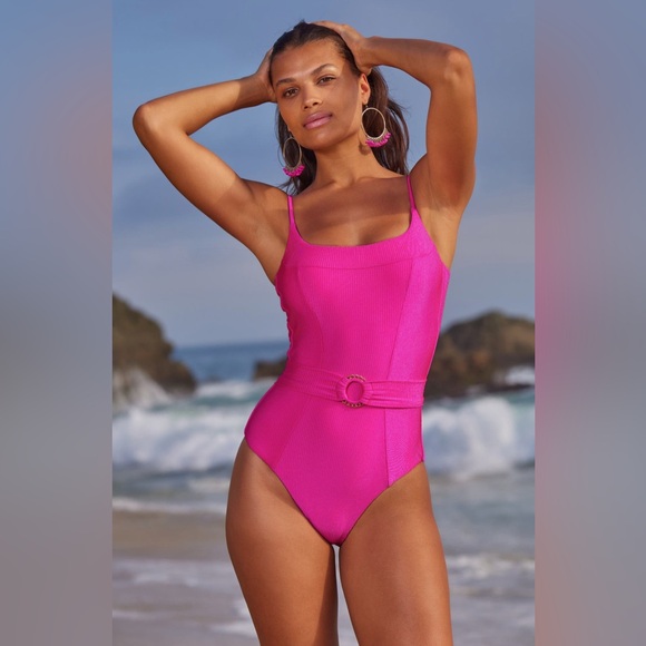 BECCA Monte Carlo Belted Rib One-Piece Swimsuit, Size Large, $158